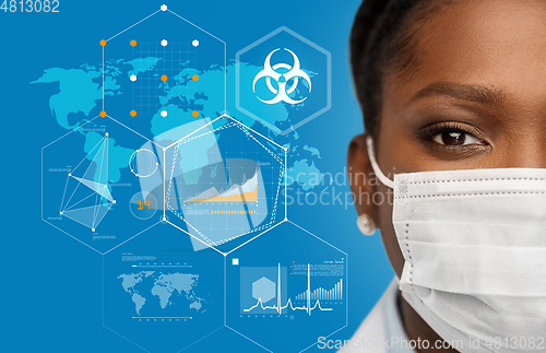 Image of doctor in medical mask over world pandemia map