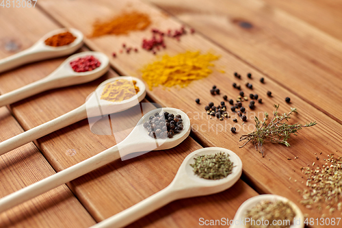 Image of spoons with different spices on wooden table