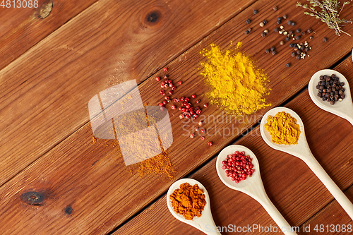 Image of spoons with different spices on wooden table