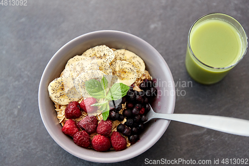 Image of cereal breakfast with berries, banana and spoon