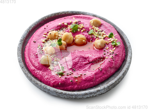 Image of plate of beetroot hummus