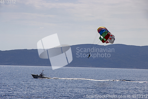 Image of Para sailing off the coast in Adriatic sea, Croatia