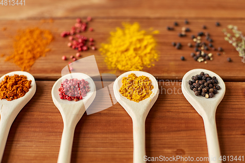 Image of spoons with different spices on wooden table