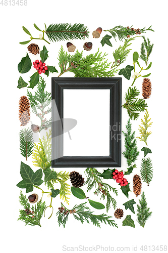 Image of Abstract Christmas and Winter Frame with Greenery