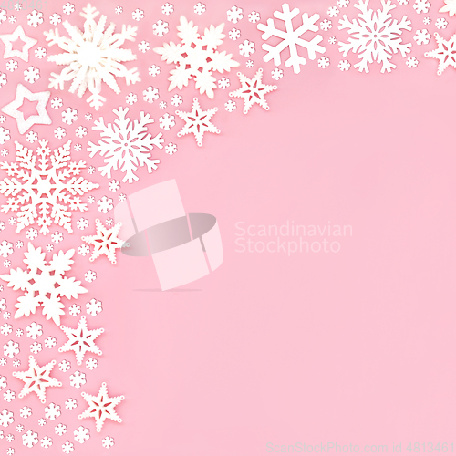 Image of Christmas Snowflake and Star Background Border
