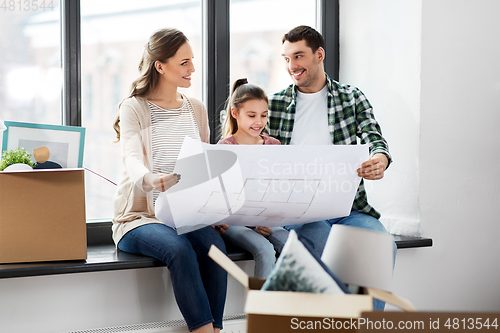 Image of happy family with blueprint moving to new home