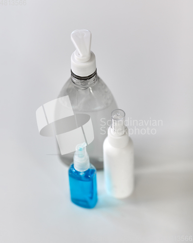 Image of close up of different hand sanitizers on table