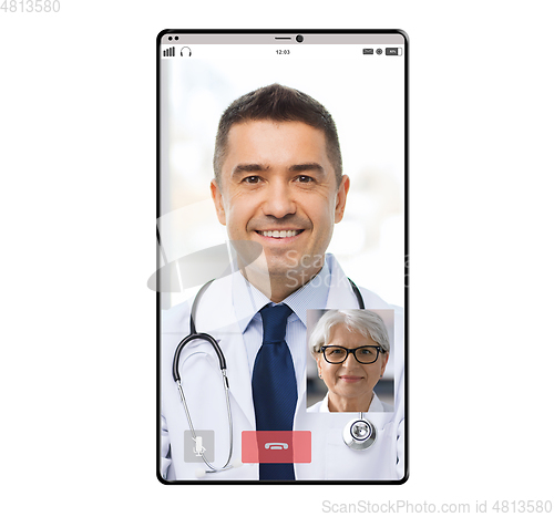 Image of video chat of doctor and old patient on smartphone