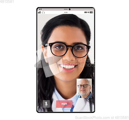 Image of video chat of doctor and old patient on smartphone