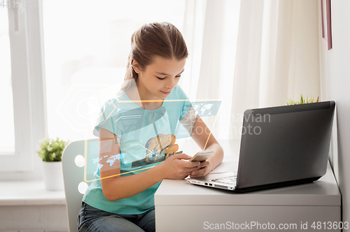 Image of girl with cellphone studying nature online at home