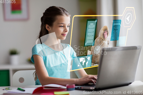 Image of girl with laptop learning nature online at home