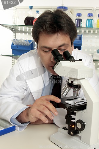Image of Scientist looking through microscope