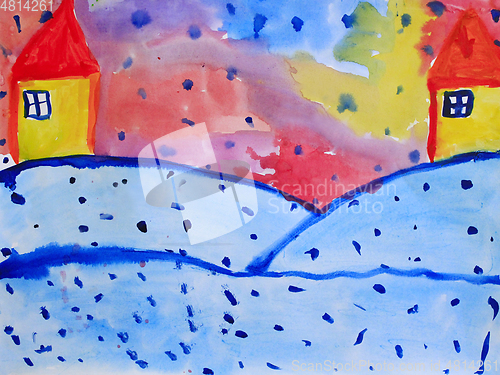 Image of childish drawing of houses winter snowdrifts and colored haze