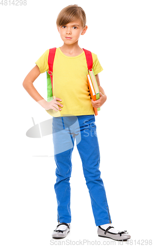 Image of Portrait of a cute little schoolgirl with backpack