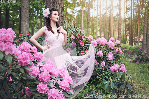 Image of girl in dress in rhododendron garden