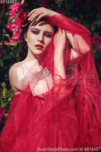 Image of girl in dress in rhododendron garden