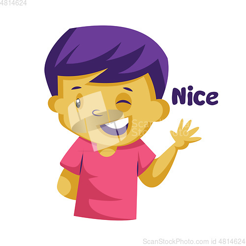 Image of Yellow boy with purple hair waving and saying Nice vector illust