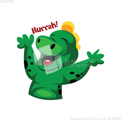 Image of Joyful green monster saying Hurrah vector sticker illustration o