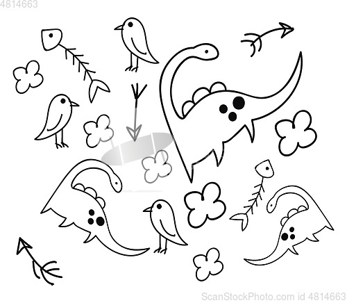 Image of Childish doodle of dinosaurs flower and fish vector or color ill