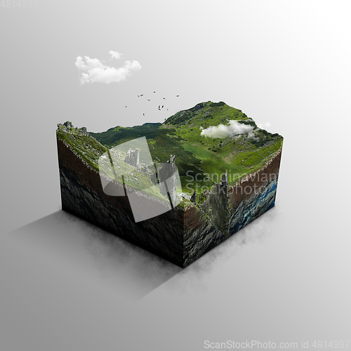 Image of Travel and vacation background. IIlustration with cut of the ground and the grass landscape with the cut of the mountain field.