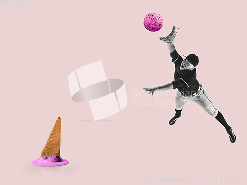 Image of Contemporary art collage, modern design. Summer mood. Baseball pitcher with strawberry ice ball in flight, jump on pastel purple