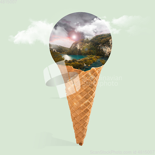 Image of Contemporary art collage, modern design. Summer mood. Icecream made of mountains and lake ball with clouds on pastel green