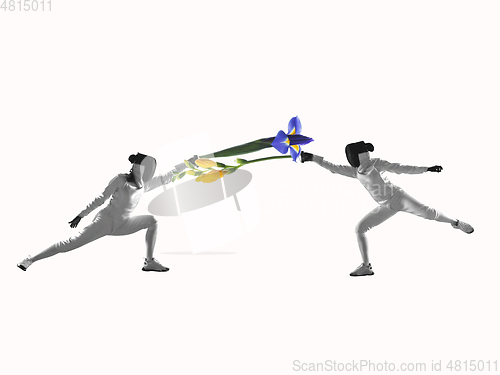 Image of Contemporary art collage, modern design. Summer mood. Two fencing girls using flowers for fighting on white