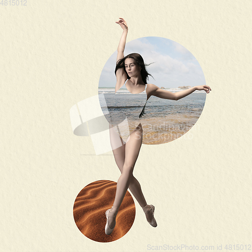 Image of Contemporary art collage, modern design. Summer mood. Tender ballerina dancing on geometrical background with sea and sand