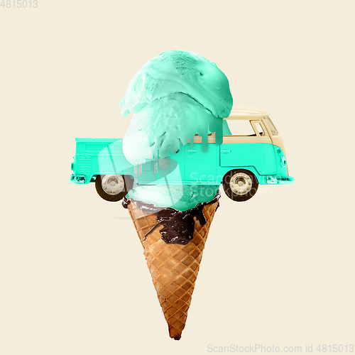 Image of Contemporary art collage, modern design. Summer mood. Ice cream blue colored made of stylish mini car on yellow