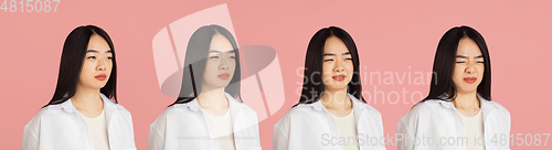 Image of Evolution of emotions. Asian young woman\'s portrait on pink studio background. Concept of human emotions, facial expression, youth, sales, ad.