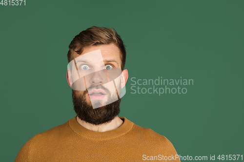 Image of Caucasian man\'s portrait isolated over green studio background with copyspace