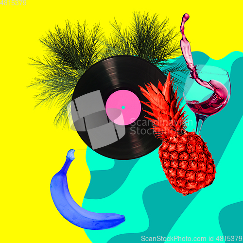 Image of Contemporary art collage, modern design. Party mood. Pineapple, banana and glass of wine in pool with bright summer colors.