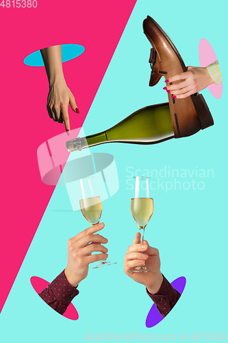 Image of Contemporary art collage, modern design. Party mood. Hands pouring champagne in glasses on multicolored background