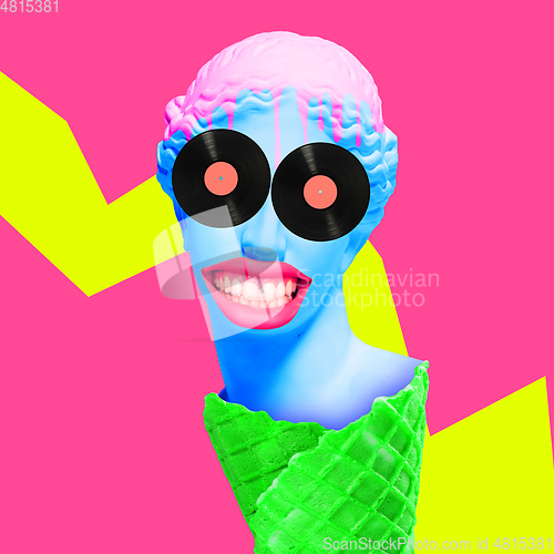 Image of Contemporary art collage, modern design. Party mood. Plaster head like icecream with vinyl eyes