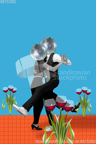 Image of Contemporary art collage, modern design. Party mood. Couple with disco heads dancing among red wine glasses flowers