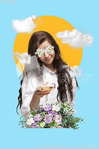 Image of Contemporary art collage, modern design. Party mood. Woman giving champagne, alcohol cocktail, surrounded with flowers and clouds