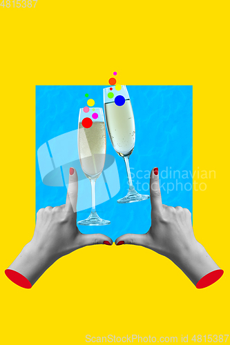 Image of Contemporary art collage, modern design. Party mood. Female hands framing two champagne glasses with bright bubbles