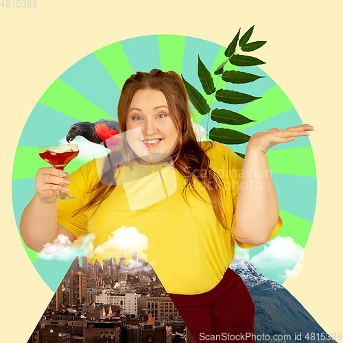 Image of Contemporary art collage, modern design. Party mood. Pretty woman holding cocktail glass with tasty drink