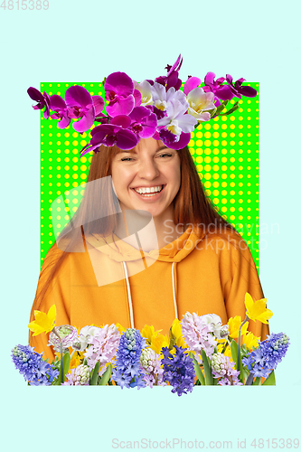 Image of Contemporary art collage, modern design. Party mood. Laughting woman with frame of flowers on bright green and blue background