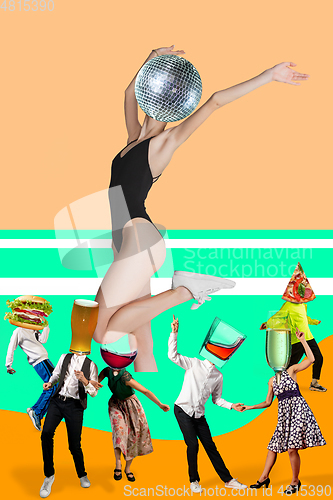 Image of Contemporary art collage, modern design. Party mood. Giant woman dancing, headed by disco ball, surrounded with people, headed by alcohol and snacks