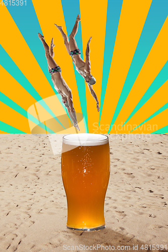 Image of Contemporary art collage, modern design. Party mood. Swimmer jumping from the sky to gian lager beer glass at the sand beach