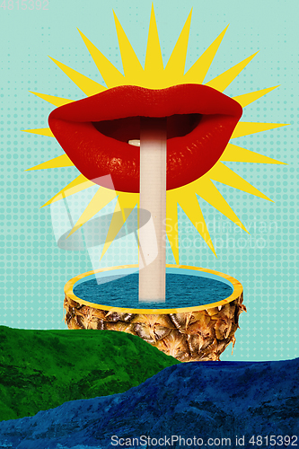 Image of Contemporary art collage, modern design. Party mood. Big female mouth with red lips drinking cocktail of giant pineapple with sea