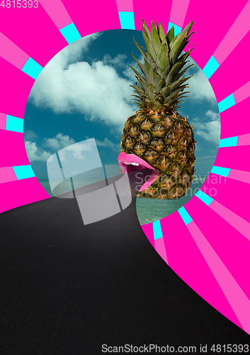 Image of Contemporary art collage, modern design. Party mood. Giant pineapple calling to have resort on ocean, sea beach