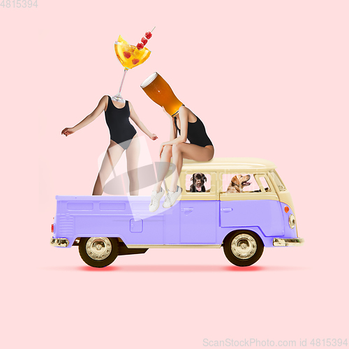 Image of Contemporary art collage, modern design. Party mood. Women headed by cocktail and beer glasses riding on car