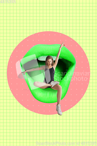 Image of Contemporary art collage, modern design. Party mood. Woman rocking, having fun on big green sofa like female mouth
