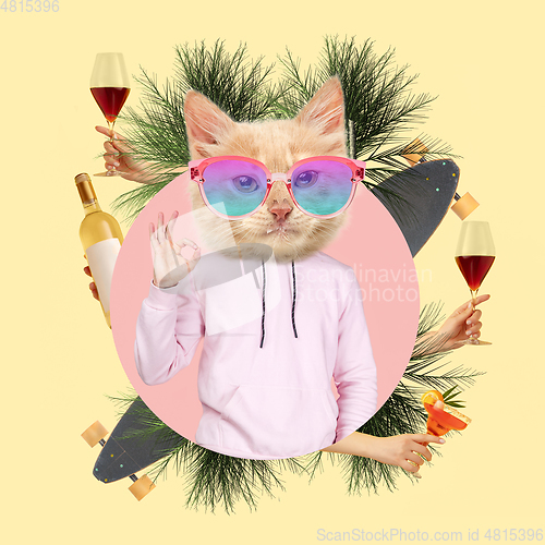 Image of Contemporary art collage, modern design. Party mood. Man in pink outfit headed by stylish cat surrounded with cocktail glasses
