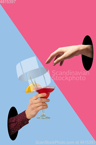 Image of Contemporary art collage, modern design. Party mood. Bright colored hand giving tasty cocktail