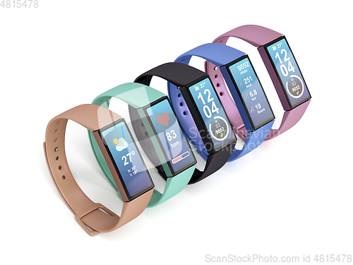 Image of Five colorful fitness trackers
