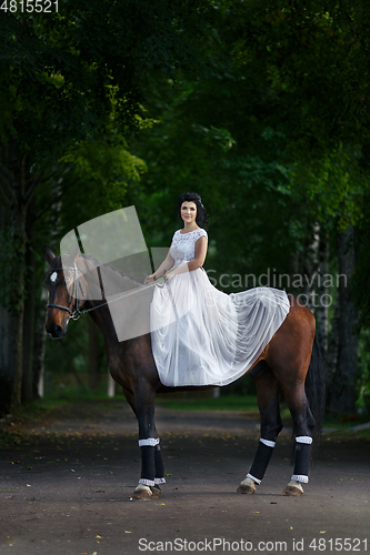 Image of beautiful girl in dress sitting on horse