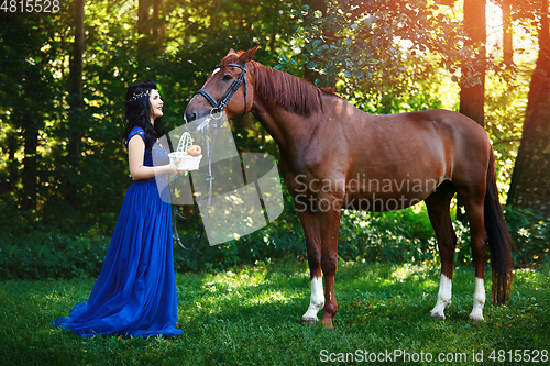 Image of beautiful girl in dress with horse